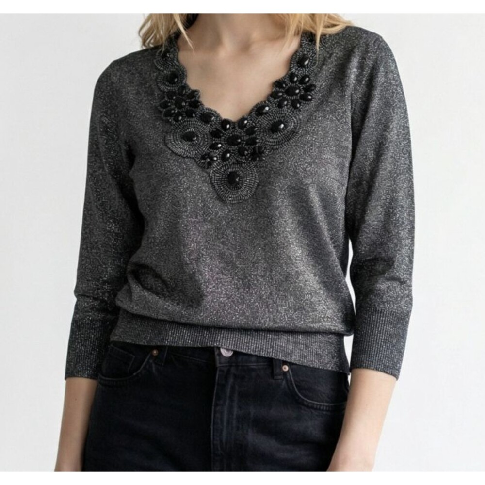 August Silk Sweater Large Silver Ribbed V-Neck Metallic Rhinestones Holiday Glam